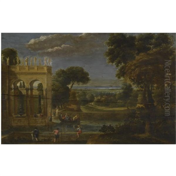 A Classical Wooded Landscape With Figures By A Palace Oil Painting by Giovanni Battista Viola