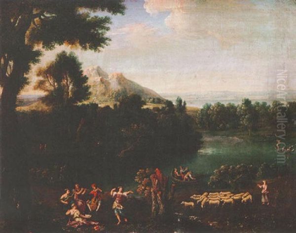 An Aracdian Landscape With A Concert In The Foreground, A Shepherdess And Figures Boating On A Lake Beyond Oil Painting by Giovanni Battista Viola