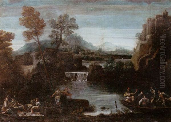 A River Landscape With Elegant Figures Feasting And Playing Music, A Town Beyond Oil Painting by Giovanni Battista Viola