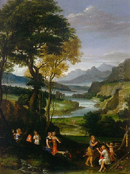 An Extensive River Landscape With Atalanta And Meleager Oil Painting by Giovanni Battista Viola