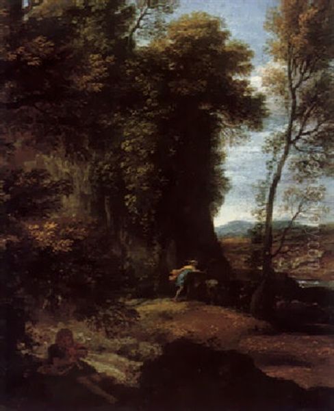 A Wooded Landscape With Apollo Adn Mercury Oil Painting by Giovanni Battista Viola