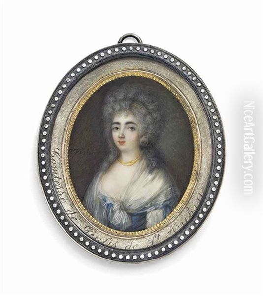 Stephanie Felicite Ducrest De Saint-aubin, Comtesse De Genlis (1746-1830), In White Dress With Blue Bodice And Blue Bows Tied At Her Upper Arm, Striped Gauze Scarf Tied At Corsage Oil Painting by Pierre Noel Violet