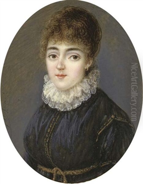 Mrs Burkinshaw, In Black Dress Tied With Brown Rope Belt And High Double Frilled Lace Collar, Gold Hoop Earring, Curling Brown Hair Oil Painting by Pierre Noel Violet