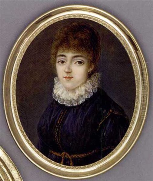 Mrs Burkinshaw, In Black Dress Tied With Brown Rope Belt And High Double Frilled Lace Collar, Gold Hoop Earring, Curling Brown Hair Oil Painting by Pierre Noel Violet