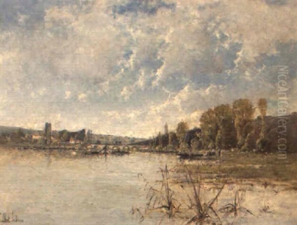 A River Landscape Oil Painting by Adolphe Etienne Viollet-Le-Duc