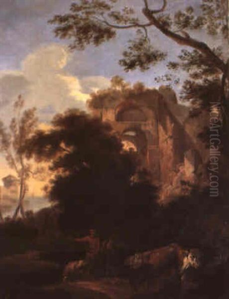 Paysage Italien Avec Des Ruines Et Un Paysan Avec Son       Troupeau Oil Painting by Adolphe Etienne Viollet-Le-Duc