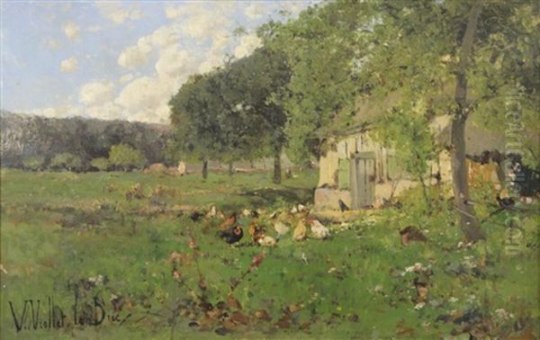 Farmyard With Chickens Oil Painting by Victor Viollet-Le-Duc