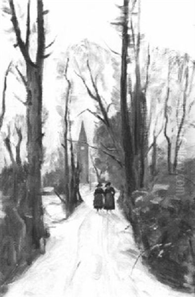 Winterliche Allee Mit Zwei Fauen Und Kirchturm Oil Painting by Paul Virchaux