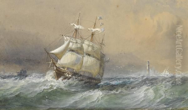 A British Frigate Running Down The Channel Inheavy Seas And Reducing Sail As She Passes The Eddystonelighthouse Oil Painting by Sir Oswald Walter Brierly