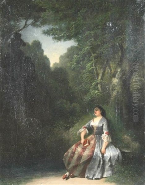 Schlafende Schone Im Wald, Im Hintergrund Ein Flotenspielender Faun Oil Painting by August Vischer