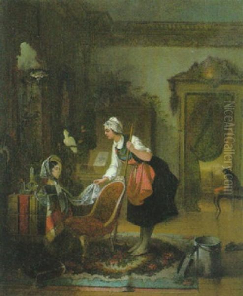 Die Neugierige Kammerzofe Pruft Die Qualitat Der Spitze An Der Puppe Auf Dem Tisch Im Salon Oil Painting by August Vischer