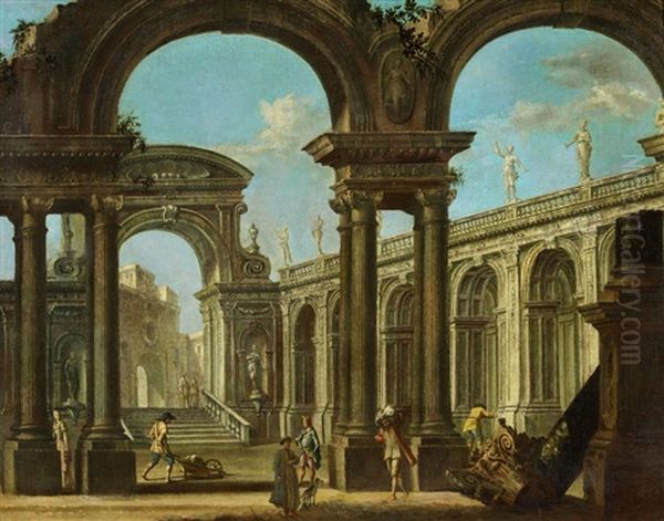 Architectural Capriccio With Figures Oil Painting by Antonio Visentini