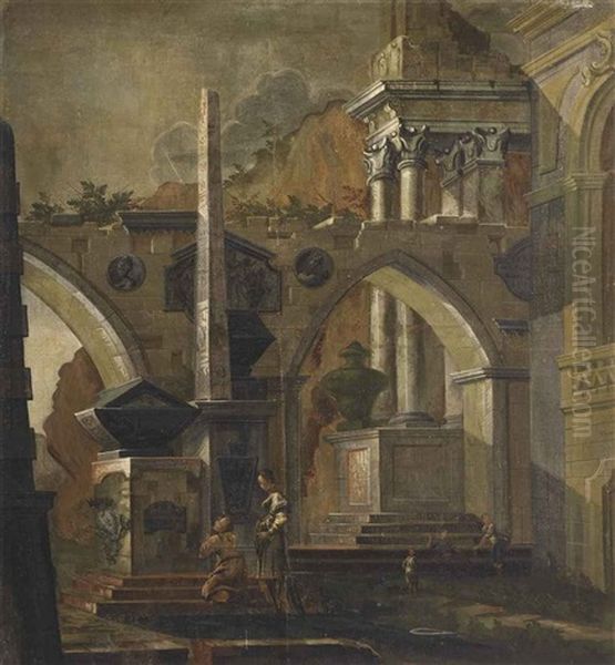 An Architectural Capriccio With Figures Before An Obelisk Oil Painting by Antonio Visentini