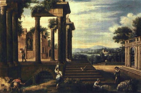 Capriccio Architettonico Con Pastori E Viandanti Oil Painting by Antonio Visentini