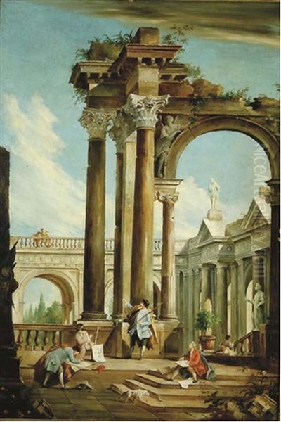 An Architectural Capriccio With Architects Drafting Oil Painting by Antonio Visentini