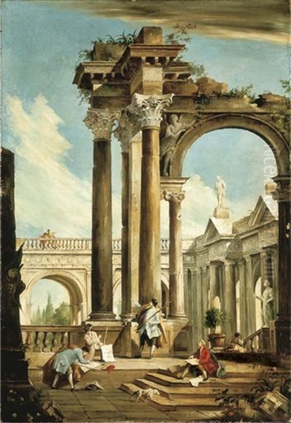 An Architectural Capriccio With Architects Drafting Oil Painting by Antonio Visentini