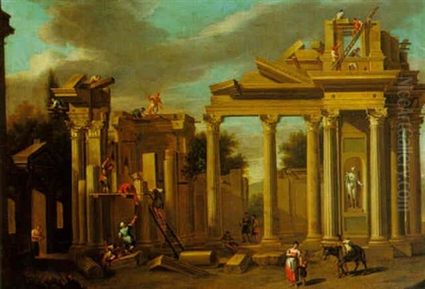 Landscape With Figures Constructing A Classical Temple by Antonio Visentini