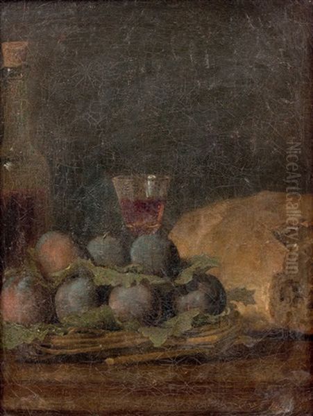 Corbeille De Prunes Avec Une Bouteille De Vin Oil Painting by Francois Xavier Vispre