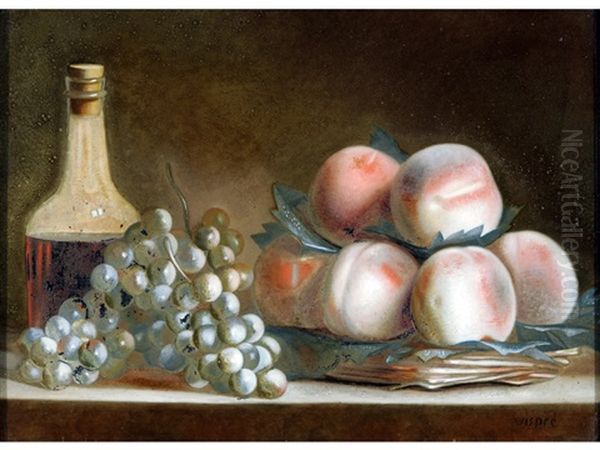 Still Life Of Peaches On A Wicker Dish, Grapes And A Wine Bottle Oil Painting by Francois Xavier Vispre