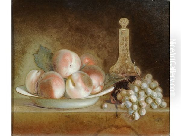 Still Life Of Peaches On A Plate With Grapes And A Decanter Of Wine Oil Painting by Francois Xavier Vispre