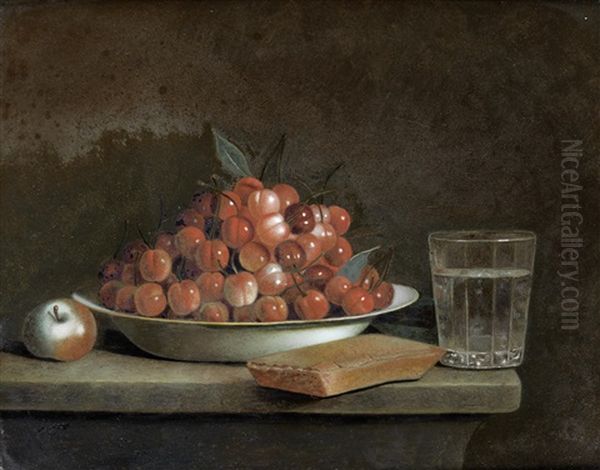 Cherries In A Bowl, With An Apple And A Glass On A Table Top Oil Painting by Francois Xavier Vispre