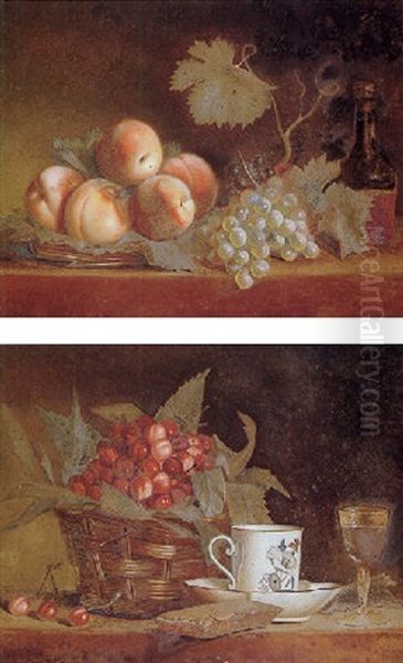 Still Life Of Peaches, Grapes And A Bottle Of Wine All Resting On A Ledge Oil Painting by Francois Xavier Vispre