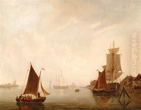 Sailing Ships By A River Mouth Oil Painting by Pier Johannes de Visser