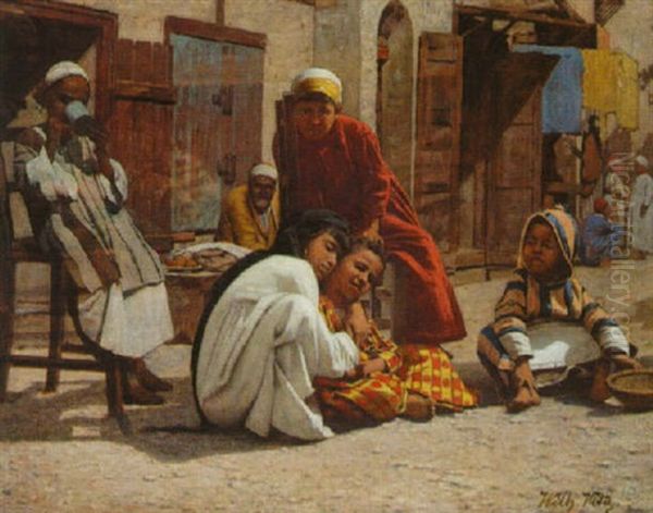 Young Arab Boys In A Market Oil Painting by Wilhelm A. Vita