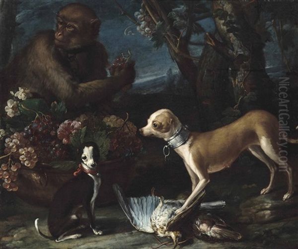 Two Dogs, A Brace Of Woodcock, A Monkey Holding A Bunch Of Grapes, With Flowers And Grapes In A Copper Urn, In A Landscape Oil Painting by Candido Vitali