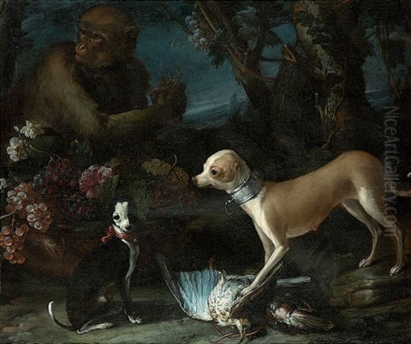 Two Dogs, A Brace Of Woodcock, A Monkey, And Flowers And Grapes In A Copper Urn Oil Painting by Candido Vitali