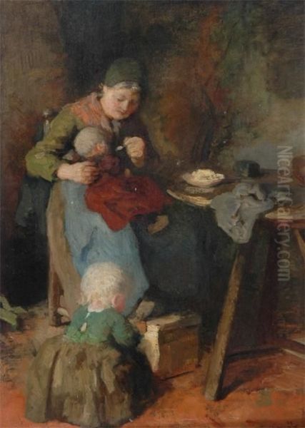 Interior Women Feeding Children By Her Lap, With Another By Her Feet Oil Painting by Arthur Briet