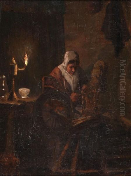 Interior With Awoman At A Spinning Wheel By The Light Of An Oil Lamp Oil Painting by Arthur Briet