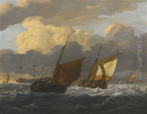 A Kaag And A Smalschip In Choppy Seas, A Dutch Whaler At Anchor Beyond Oil Painting by Wigerus Vitringa