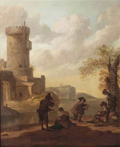 A Coastal Landscape With Figures Resting Outside A City Gate Oil Painting by Wigerus Vitringa