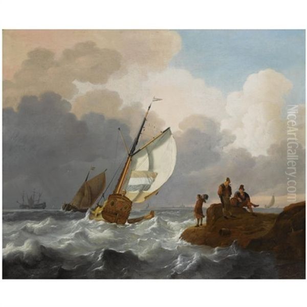 Dutch Sailing Vessels In Choppy Waters, Fisher Folk On The Rocks In The Foreground, A View Of A Town Beyond Oil Painting by Wigerus Vitringa