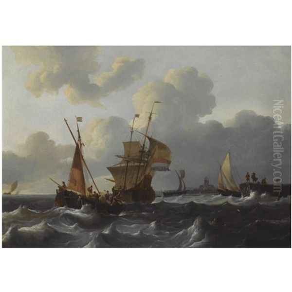 Dutch Shipping In Choppy Waters Near A Dutch Village Oil Painting by Wigerus Vitringa