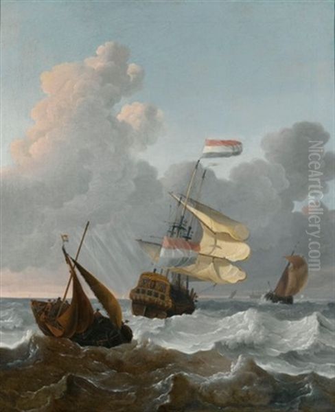 A Man Of War (tsar Peter?) And Two Smalschips In A Rough Sea Oil Painting by Wigerus Vitringa