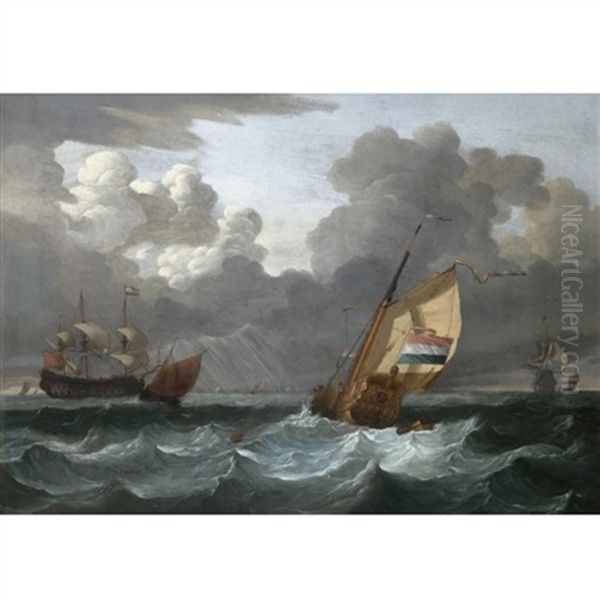 A Dutch Yacht Off The Coast, A Man-o-war And Other Ships In The Distance Oil Painting by Wigerus Vitringa