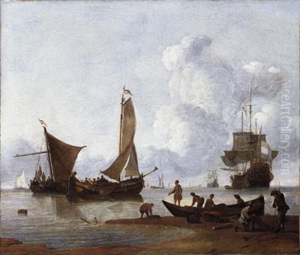 Fishermen Unloading Their Catch On The Shore, Moored Fishing Boats And Dutch Men-o-war At Anchor Beyond Oil Painting by Wigerus Vitringa