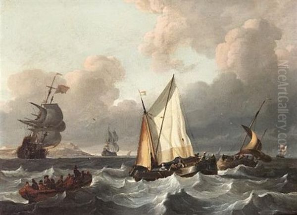 A Smalschip And Other Boats In A Swell Oil Painting by Wigerus Vitringa