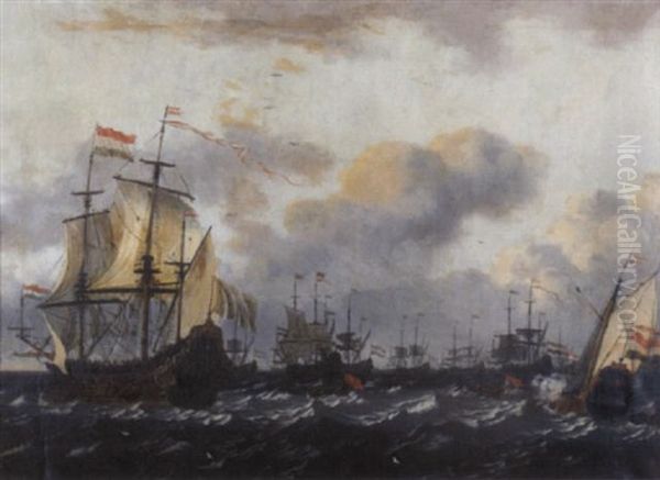 Men-of-war On The High Seas Oil Painting by Wigerus Vitringa