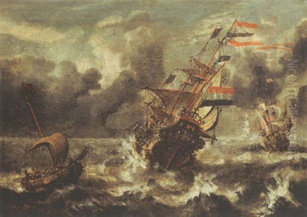 A Man-of-war And Other Sailing Vessels In Stormy Waters Oil Painting by Wigerus Vitringa