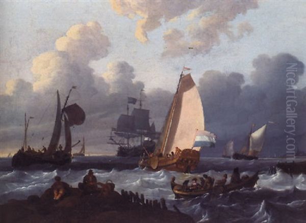 Eine Statenyacht Und Andere Boote Auf Bewegter See Vor Einer Hafenzufahrt Oil Painting by Wigerus Vitringa