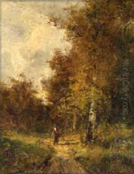 Figure Walking On A Country Path In A Wooded Autumn Landscape Oil Painting by Carlo Vittori