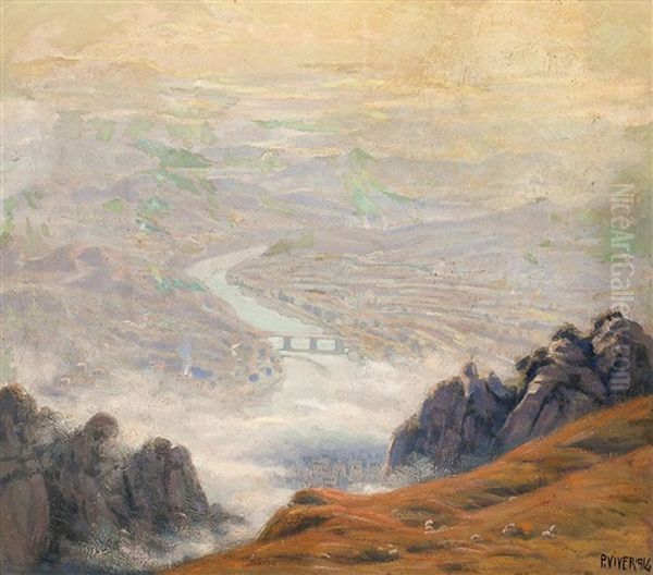 El Llobregat Desde Montserrat Oil Painting by Pedro Viver Aymerich