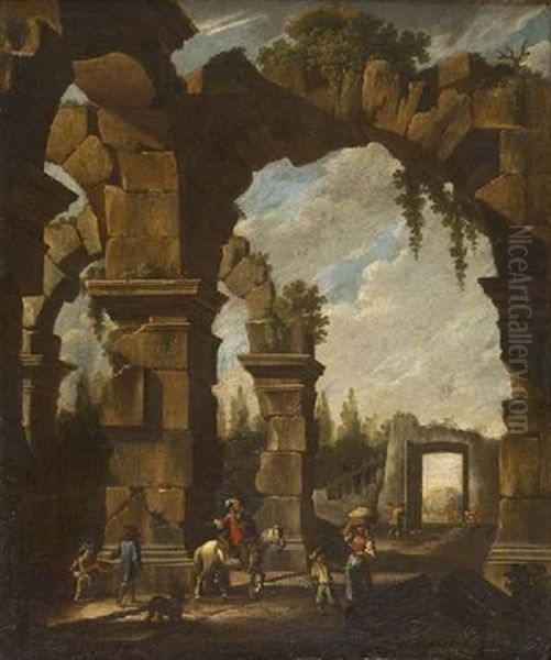 Figures By Classical Ruins (+ Horsemen By Classical Ruins; Pair) Oil Painting by Ottavio Viviani