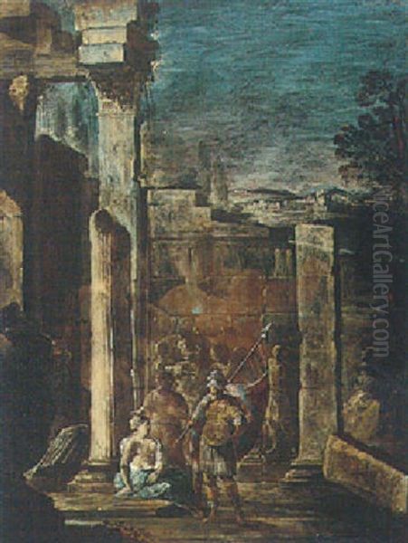 An Architectural Capriccio With A Soldier Conversing With A Courtesan Oil Painting by Octavio Viviano