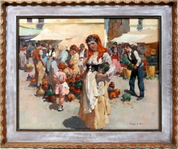 Hungarian Market Scene Oil Painting by W. Emerich Vizkelety