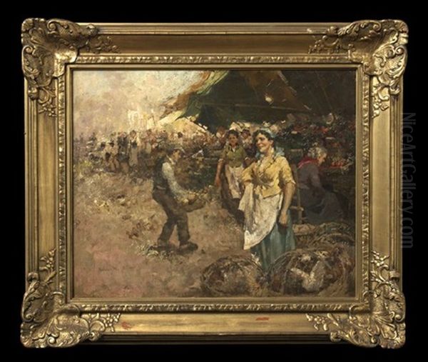 Gypsy Woman At An Open Air Market Oil Painting by W. Emerich Vizkelety