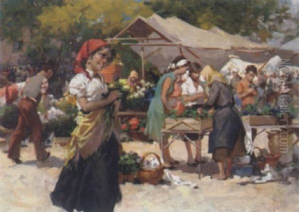 Blumenmarkt Oil Painting by W. Emerich Vizkelety